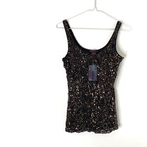 Imaginary Voyage Black Mesh Gold Sequin Sleeveless Blouse NWT Scoop Neck